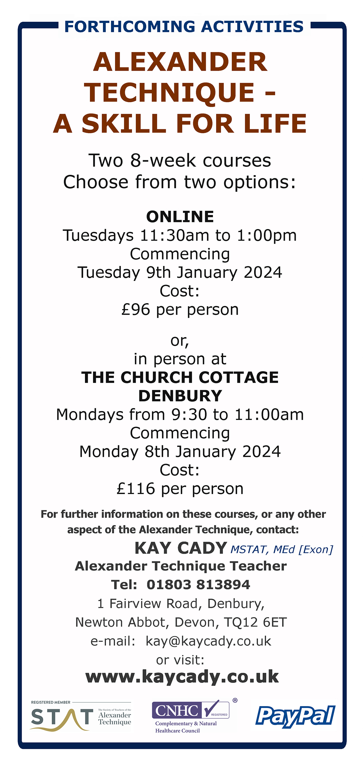 Details of my online and local courses January 2024 